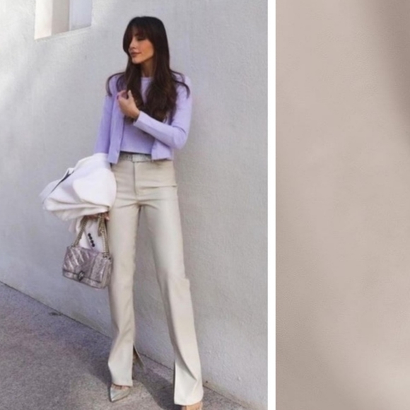 Bloggers Fave! NWOT Zara Cream Faux Leather Slim Flare Trousers With Slits - Picture 5 of 10